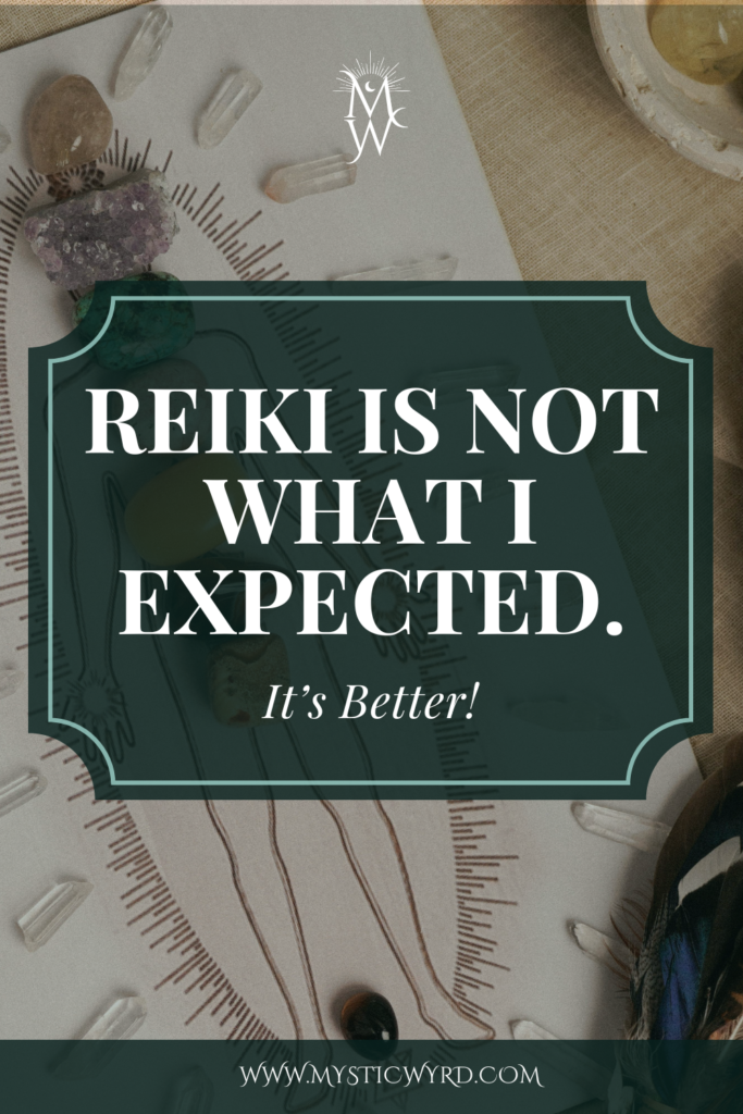 Chakra crystal grid with the words "Reiki is not what I expected. It's better."