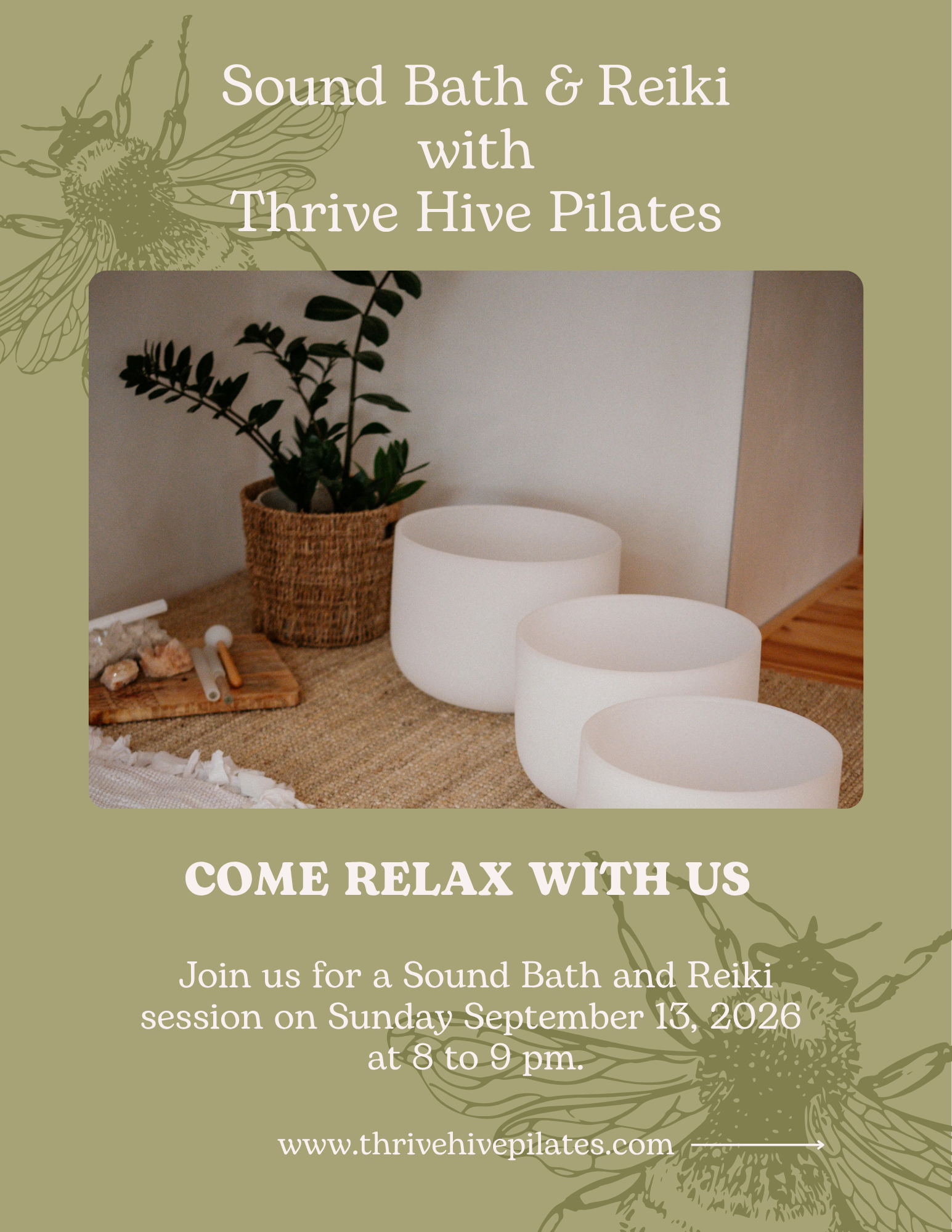 Thrive Hive Pilates and Mystic Wyrd are teaming up for Sound Healing and Reiki on September 13, 2026