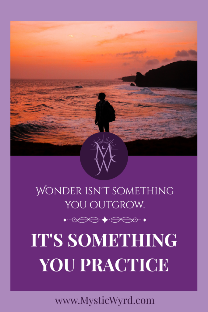 Person watching the sunset on the beach and with words, "Wonder isn't something you outgrow. It's something you practice."