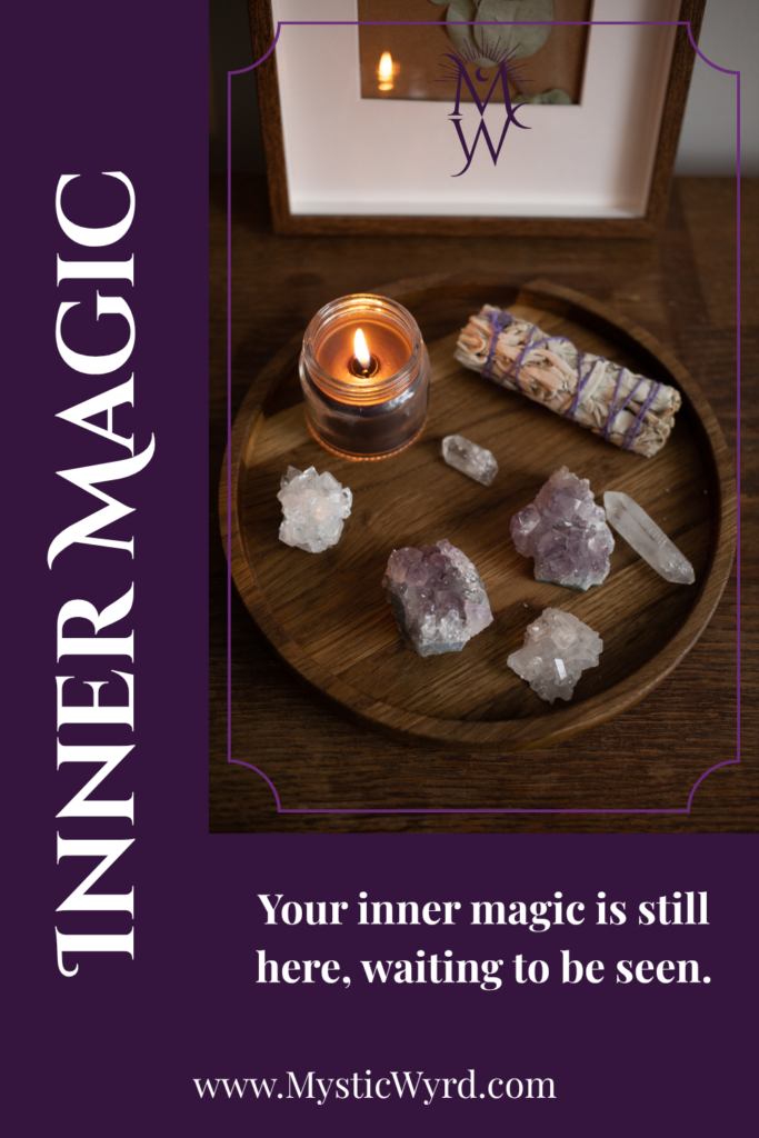 Candle, crystals, and sage bundle with the words, "Your inner magic is still there, waiting to be seen."