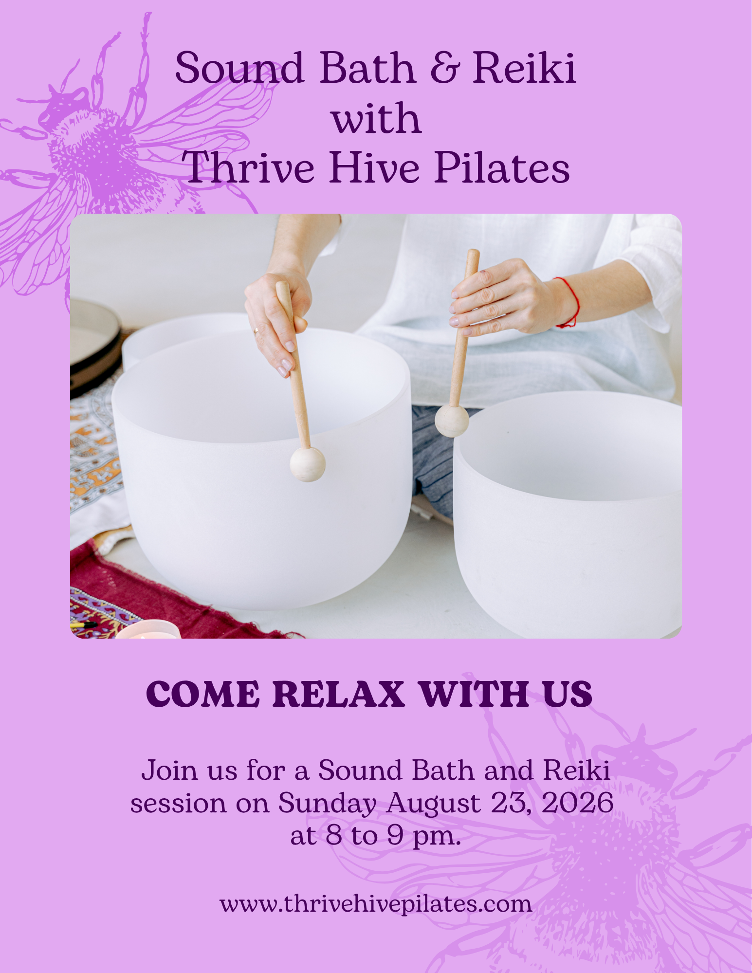 Thrive Hive Pilates and Mystic Wyrd are teaming up for Sound Healing and Reiki on August 23, 2026